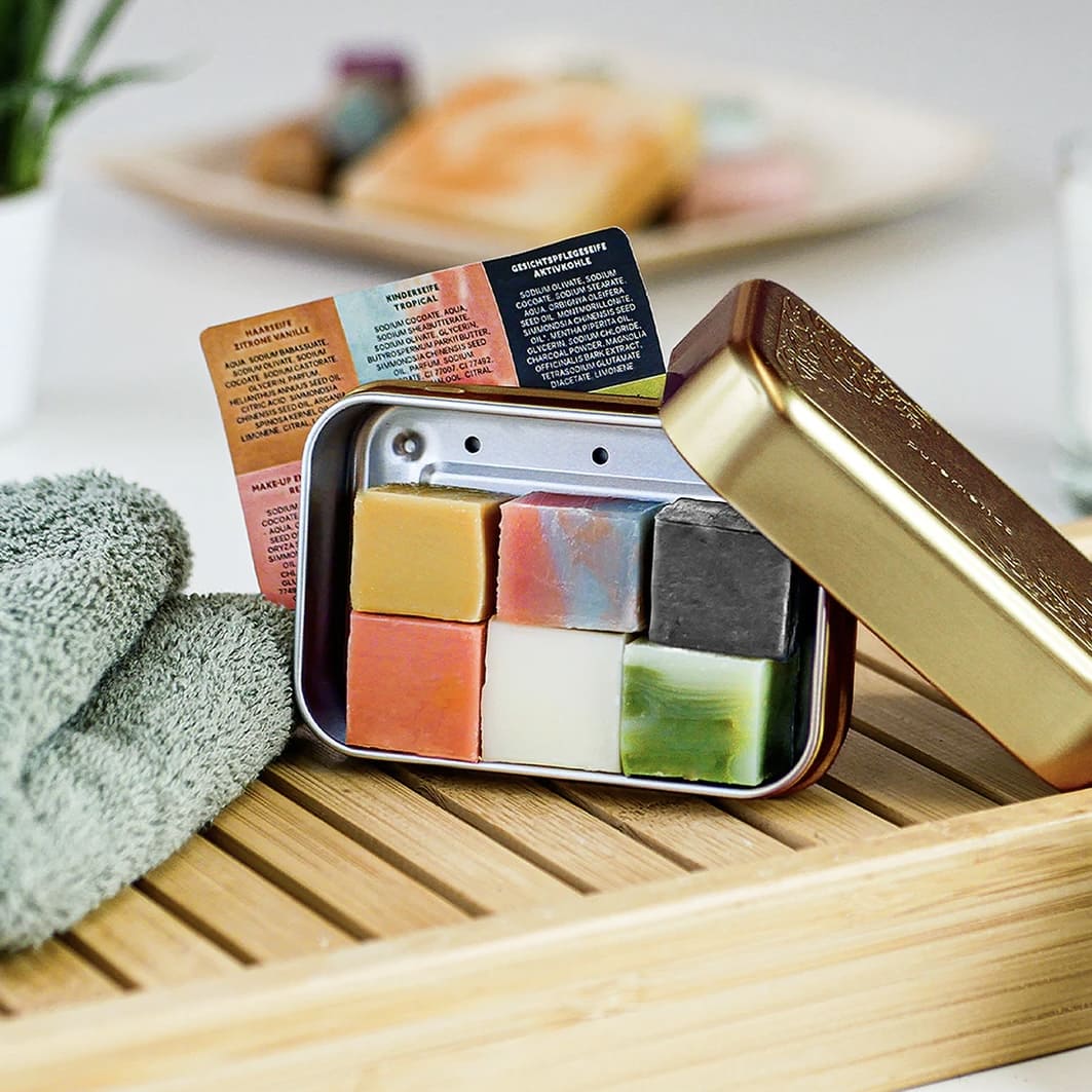 Seifendose mit Seifenminis Tester gold, Puremetics