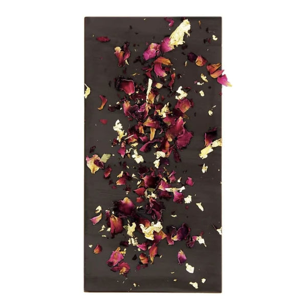 Tafel Schokolade Bitterschokolade, essbares 23 Karat Gold und Rosenblätter, Ritonka