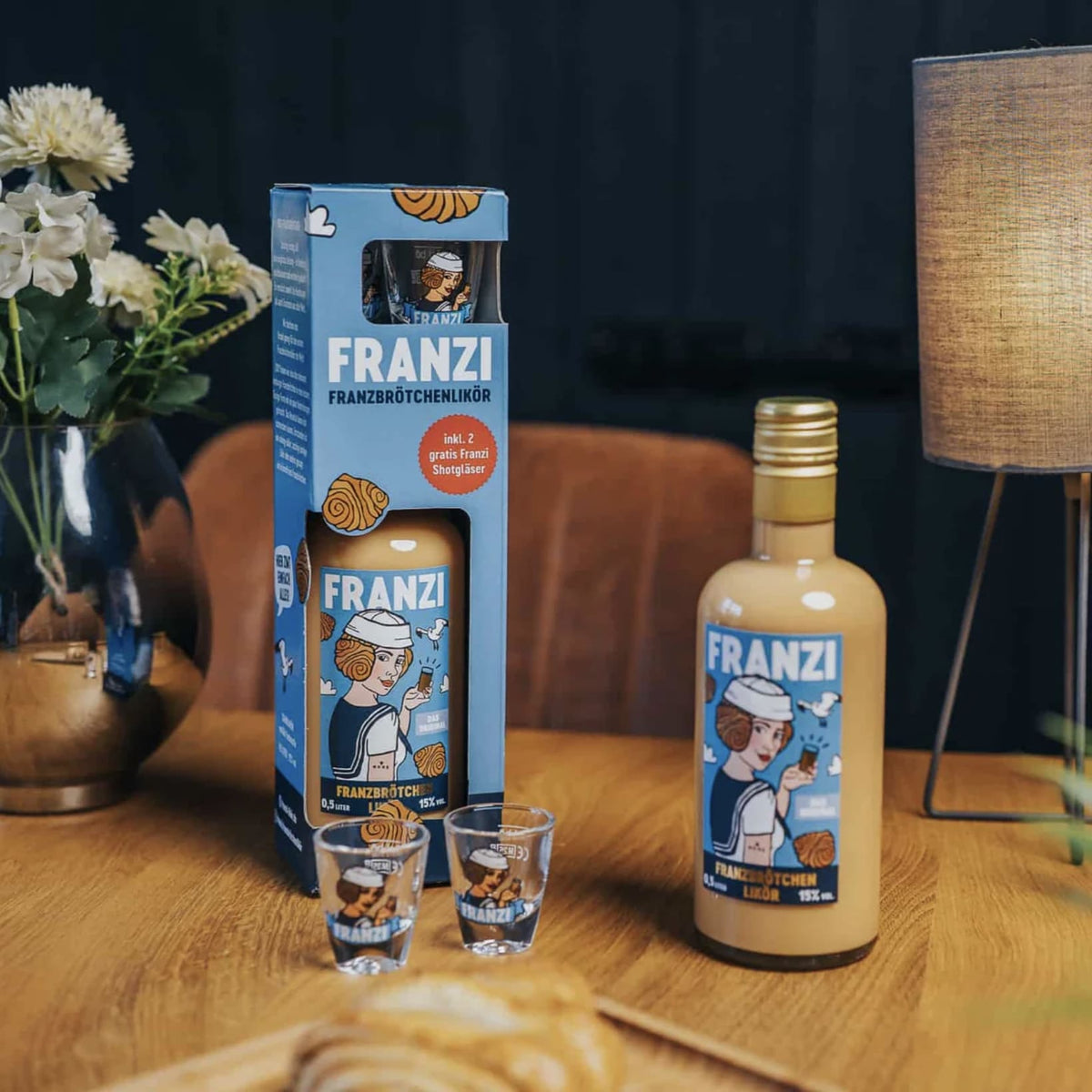 Geschenk-Box FRANZI – Franzbrötchen -Likör + 2 Shotgläser (0,5L/15% VOL.), Nork