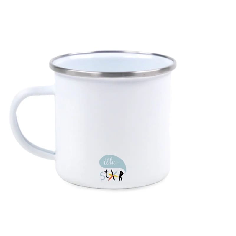 Emaille Tasse "but first coffee“, Illuster